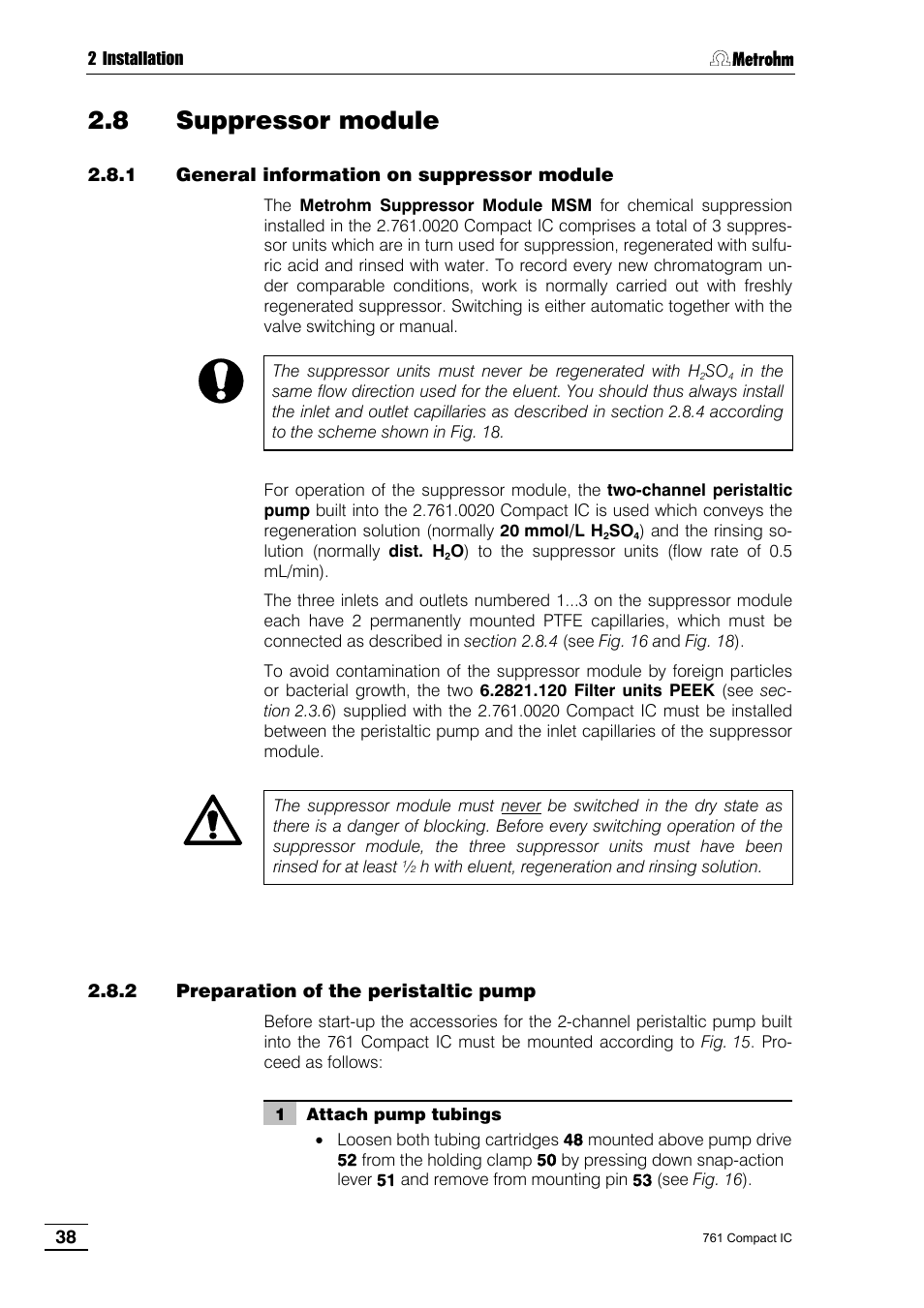 8 suppressor module, 1 general information on suppressor module, 2 preparation of the peristaltic pump | Metrohm 761 Compact IC User Manual | Page 48 / 228