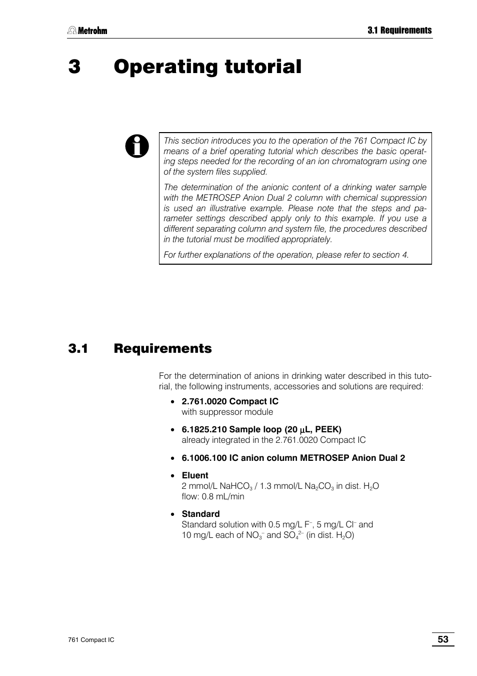 3 operating tutorial, 1 requirements, 2 preparations | 3 calibration, 4 sample, Determination | Metrohm 761 Compact IC User Manual | Page 63 / 228