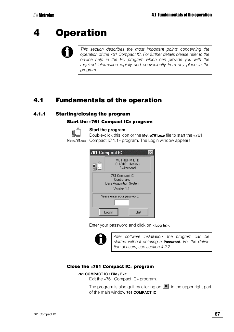 4 operation, 1 fundamentals of the operation, 1 starting/closing the program | Program windows, 4 main, Window elements, 5 icons of the main window 4.1.6 overview, Of file types, 7 context, Sensitive menus | Metrohm 761 Compact IC User Manual | Page 77 / 228