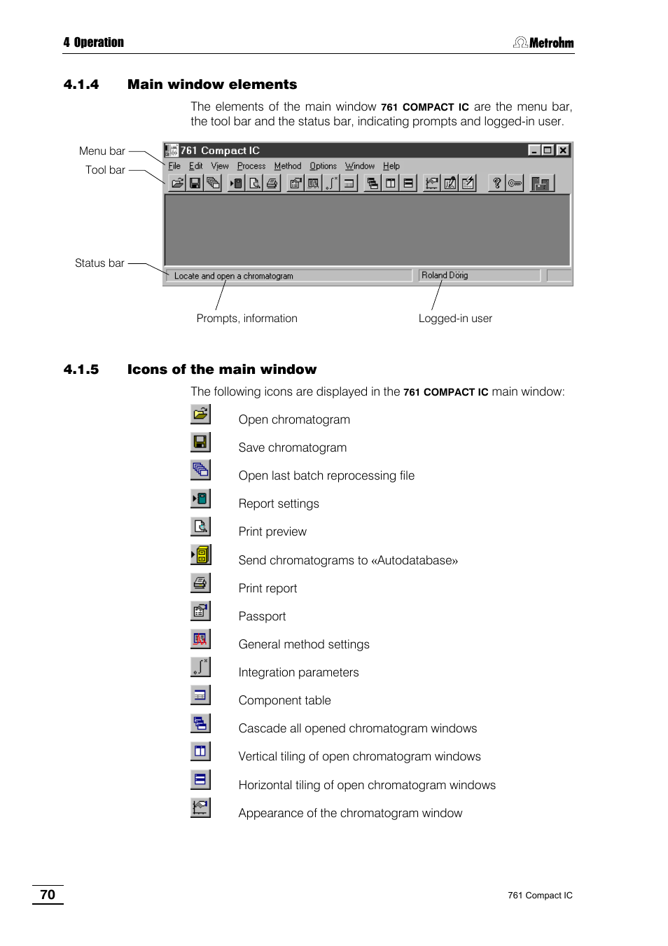 4 main window elements, 5 icons of the main window | Metrohm 761 Compact IC User Manual | Page 80 / 228