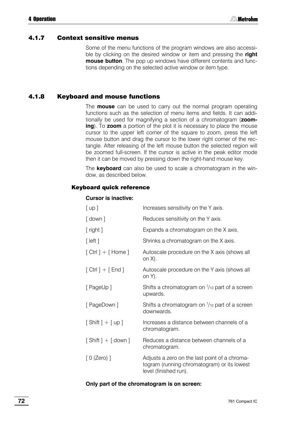 7 context sensitive menus, 8 keyboard and mouse functions | Metrohm 761 Compact IC User Manual | Page 82 / 228