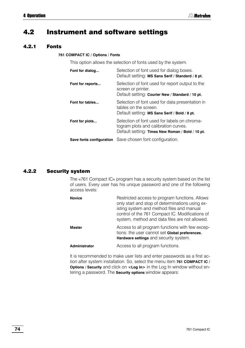 2 instrument and software settings, 1 fonts, 2 security system | Metrohm 761 Compact IC User Manual | Page 84 / 228