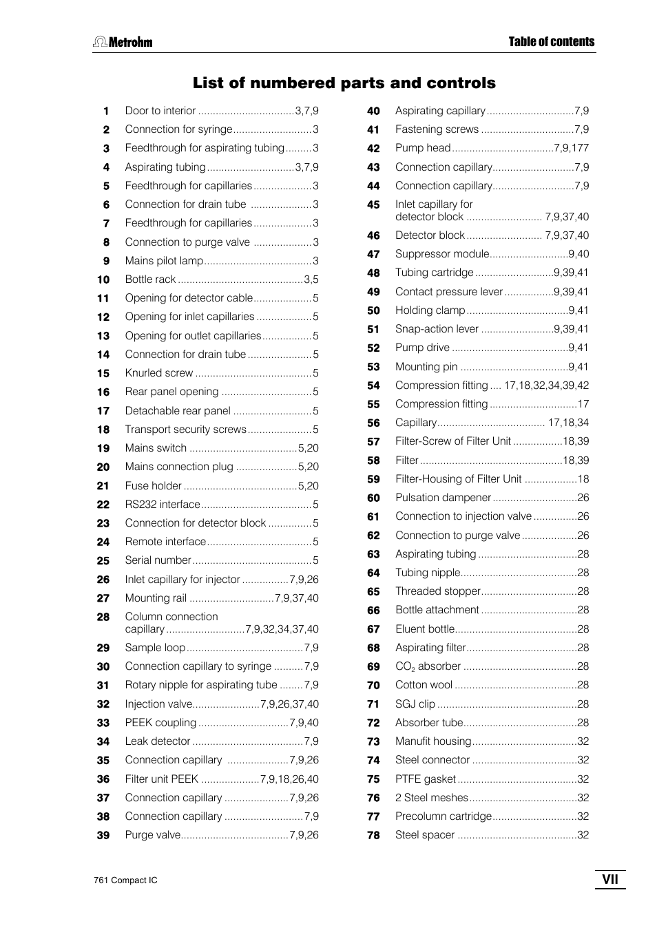 List of numbered parts and controls | Metrohm 761 Compact IC User Manual | Page 9 / 228