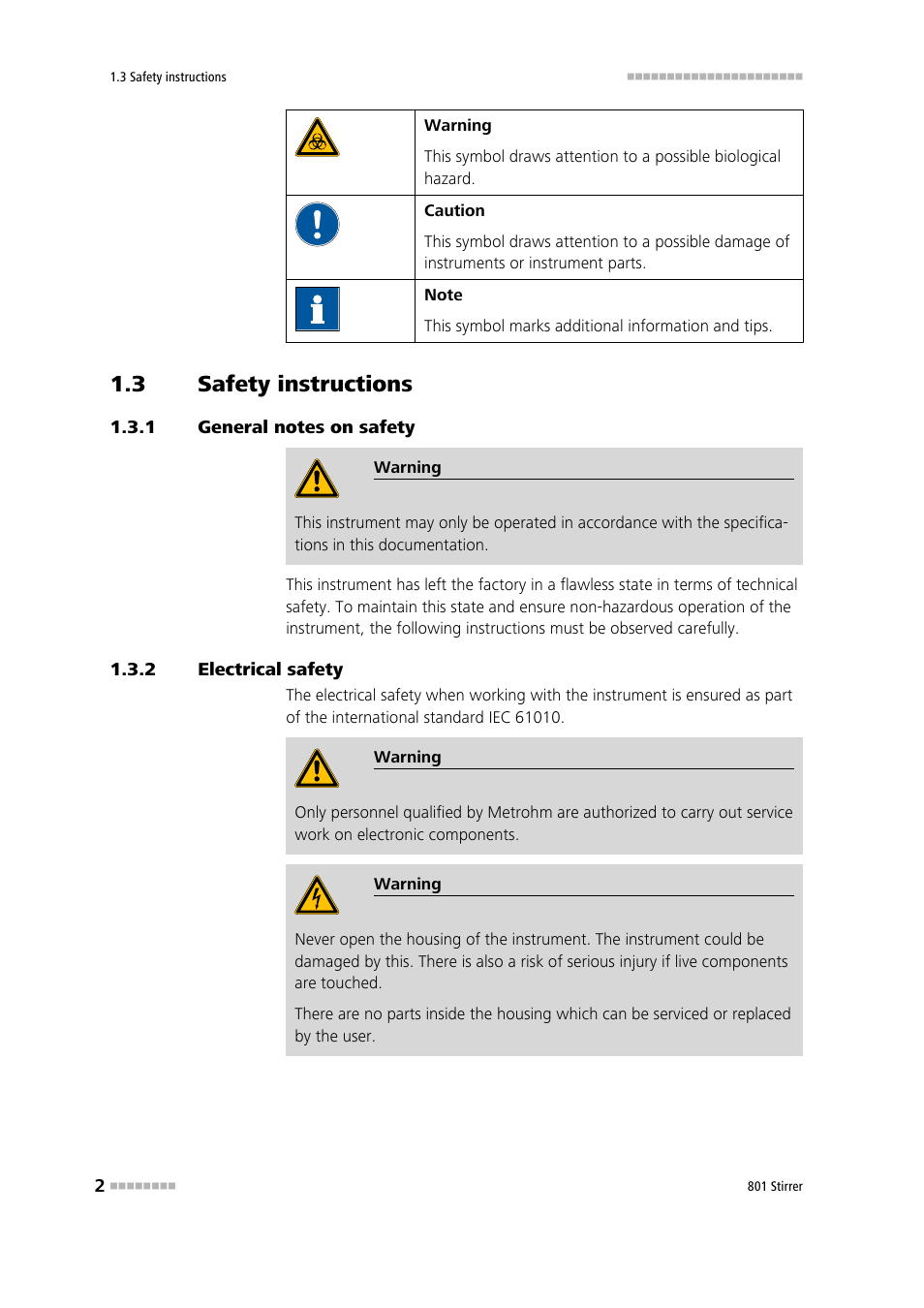 3 safety instructions, 1 general notes on safety, 2 electrical safety | Safety instructions, General notes on safety, Electrical safety | Metrohm 801 Magnetic Stirrer User Manual | Page 10 / 27