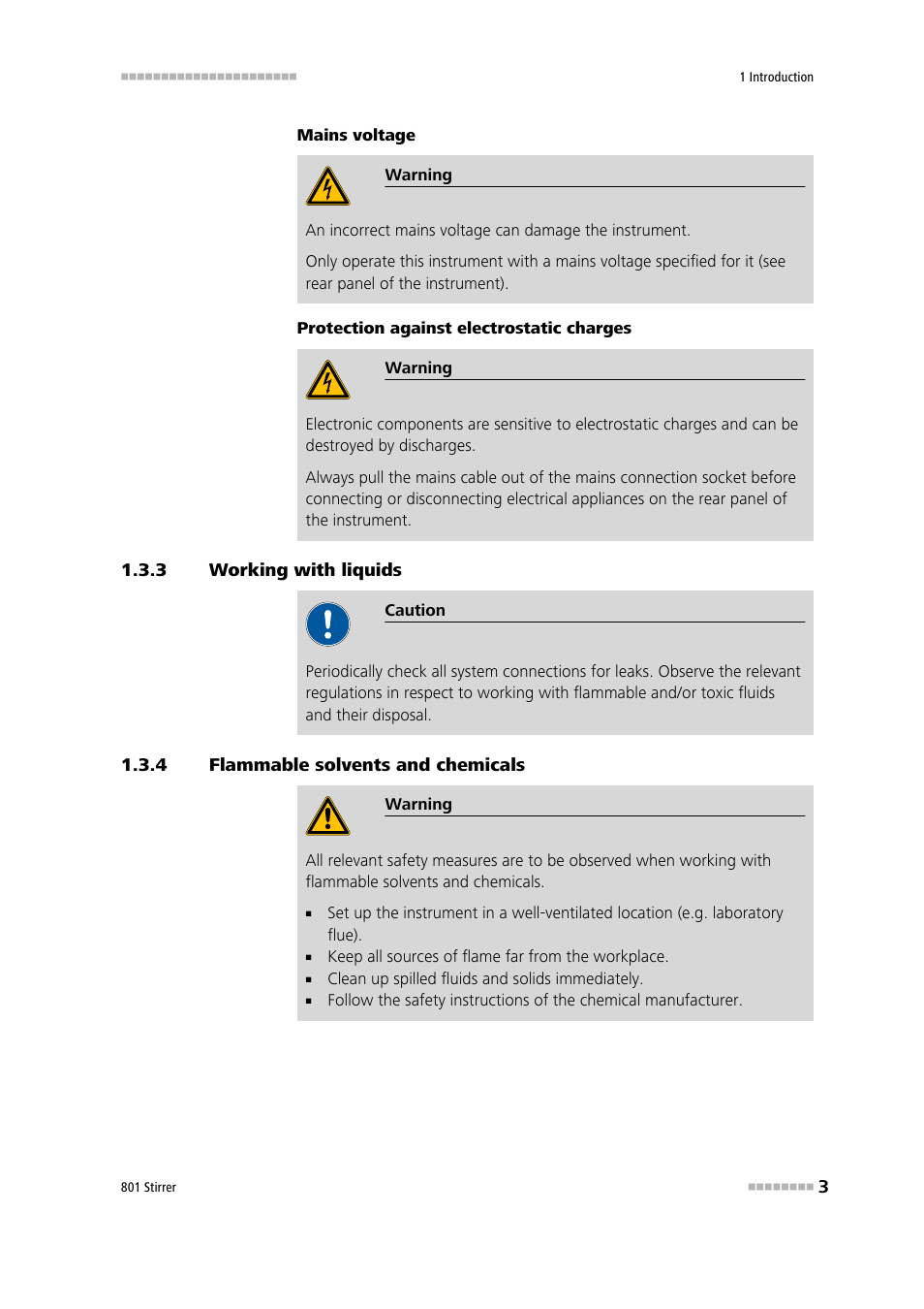 3 working with liquids, 4 flammable solvents and chemicals, Working with liquids | Flammable solvents and chemicals | Metrohm 801 Magnetic Stirrer User Manual | Page 11 / 27