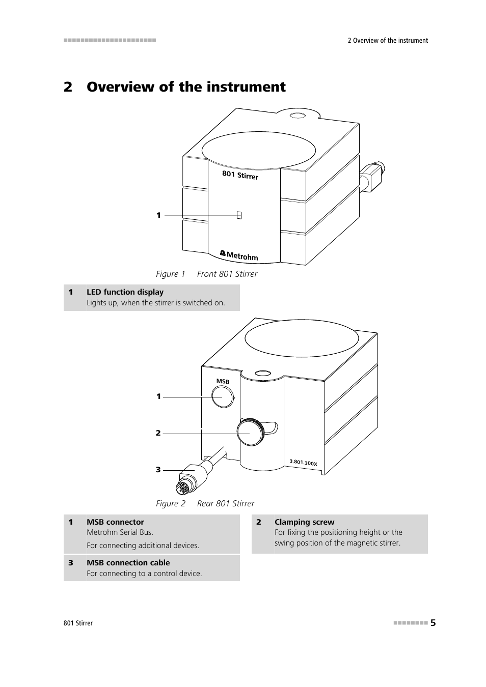 2 overview of the instrument, Figure 1, Front 801 stirrer | Figure 2, Rear 801 stirrer | Metrohm 801 Magnetic Stirrer User Manual | Page 13 / 27