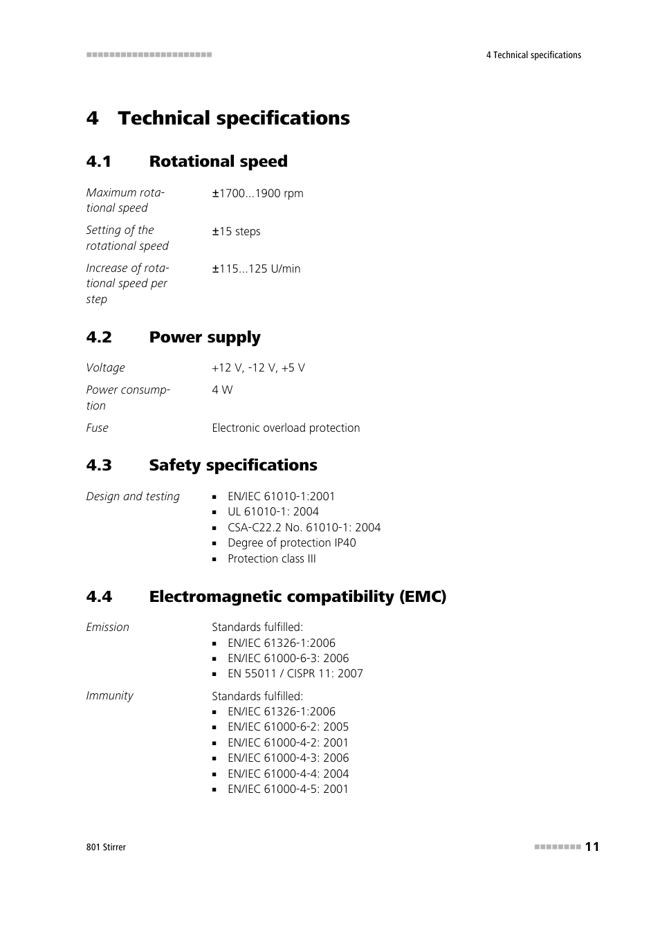 4 technical specifications, 1 rotational speed, 2 power supply | 3 safety specifications, 4 electromagnetic compatibility (emc), Rotational speed, Power supply, Safety specifications, Electromagnetic compatibility (emc) | Metrohm 801 Magnetic Stirrer User Manual | Page 19 / 27