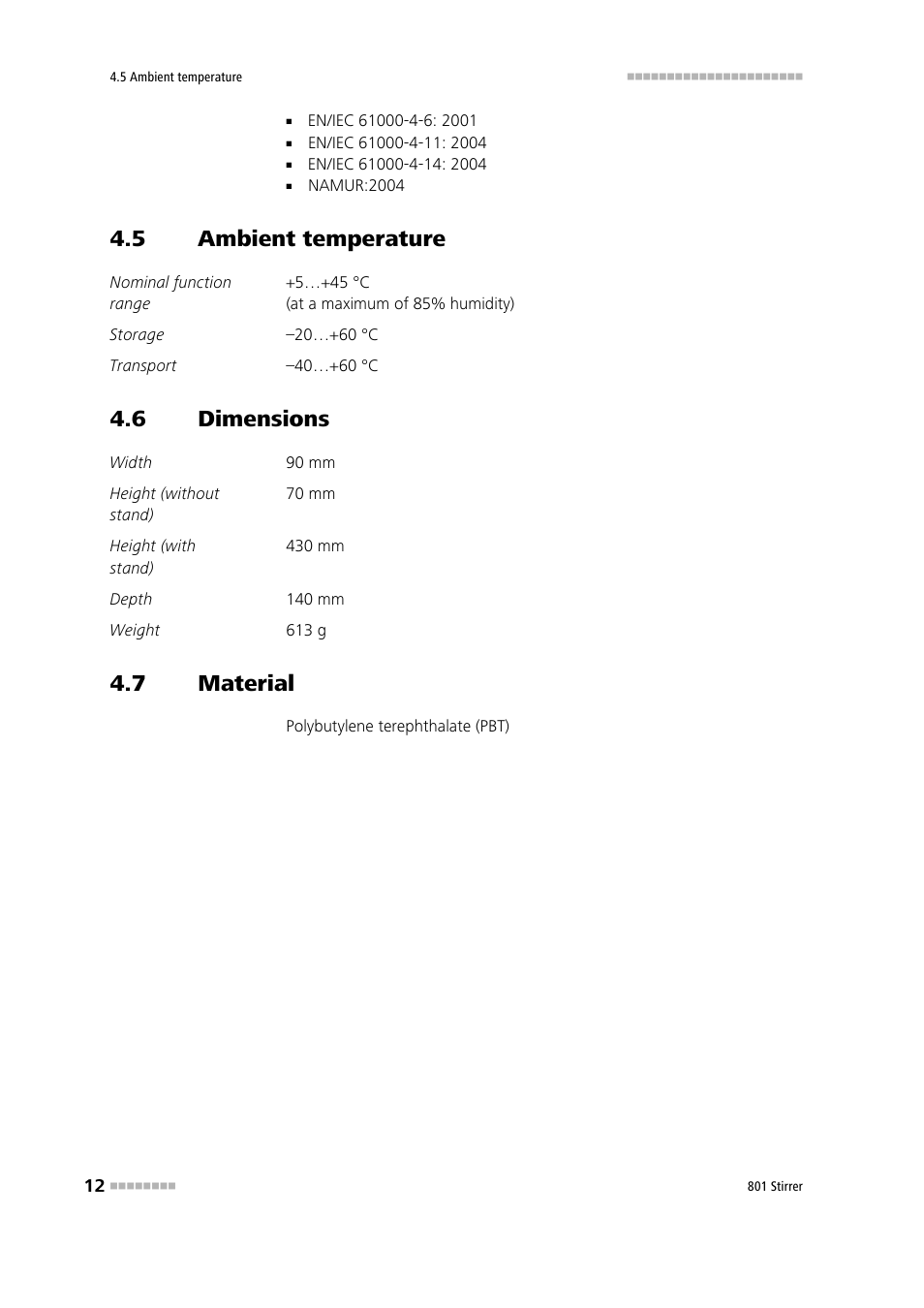 5 ambient temperature, 6 dimensions, 7 material | Ambient temperature, Dimensions, Material | Metrohm 801 Magnetic Stirrer User Manual | Page 20 / 27