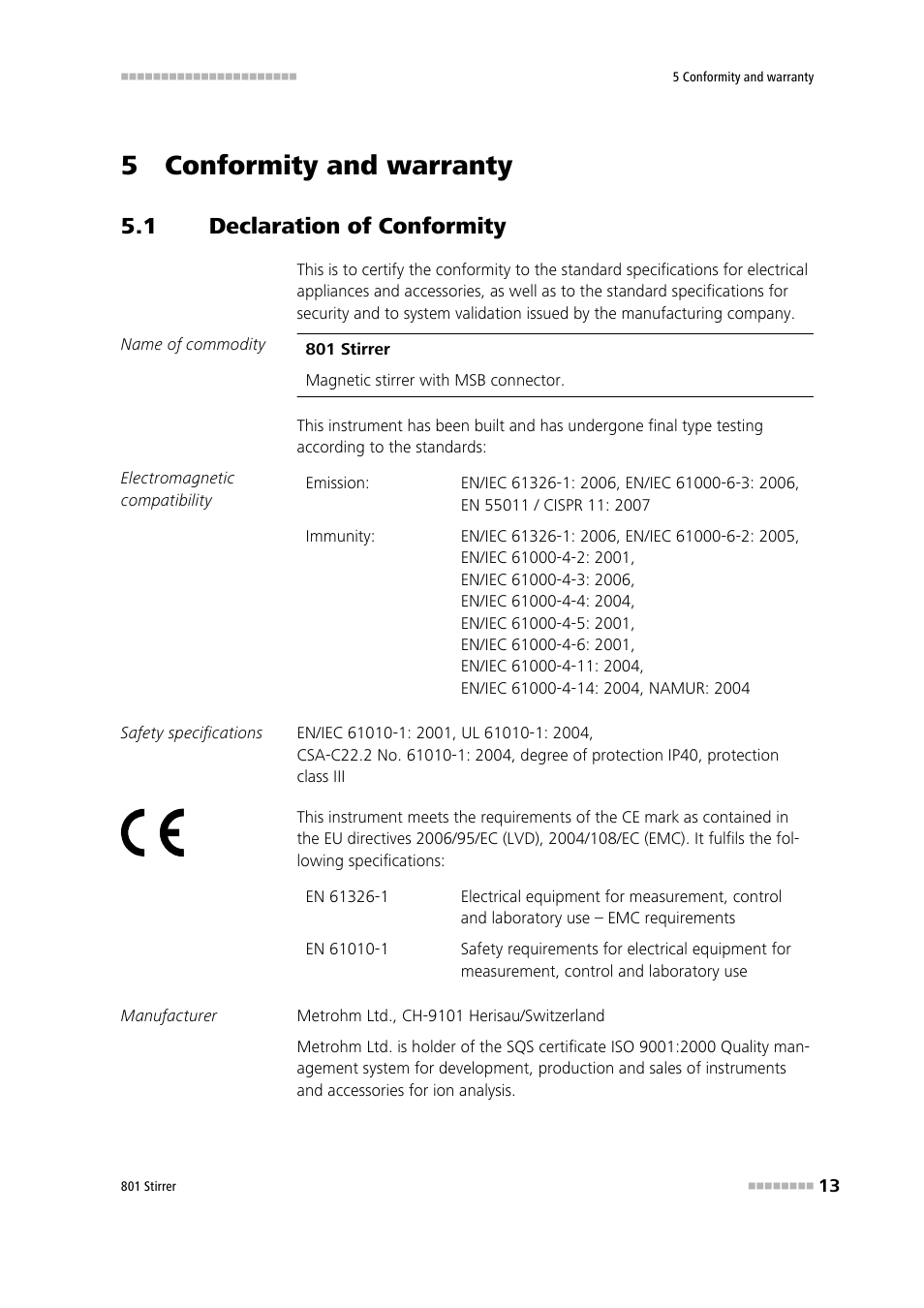 5 conformity and warranty, 1 declaration of conformity, Declaration of conformity | Metrohm 801 Magnetic Stirrer User Manual | Page 21 / 27