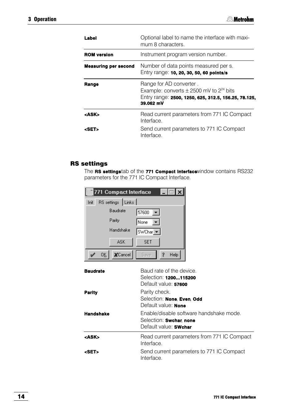 Rs settings | Metrohm 771 IC Compact Interface User Manual | Page 20 / 30