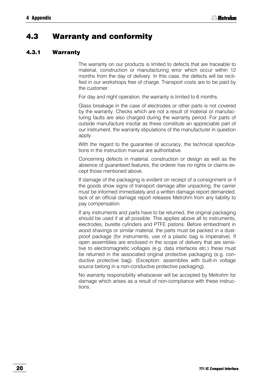 3 warranty and conformity, 1 warranty | Metrohm 771 IC Compact Interface User Manual | Page 26 / 30