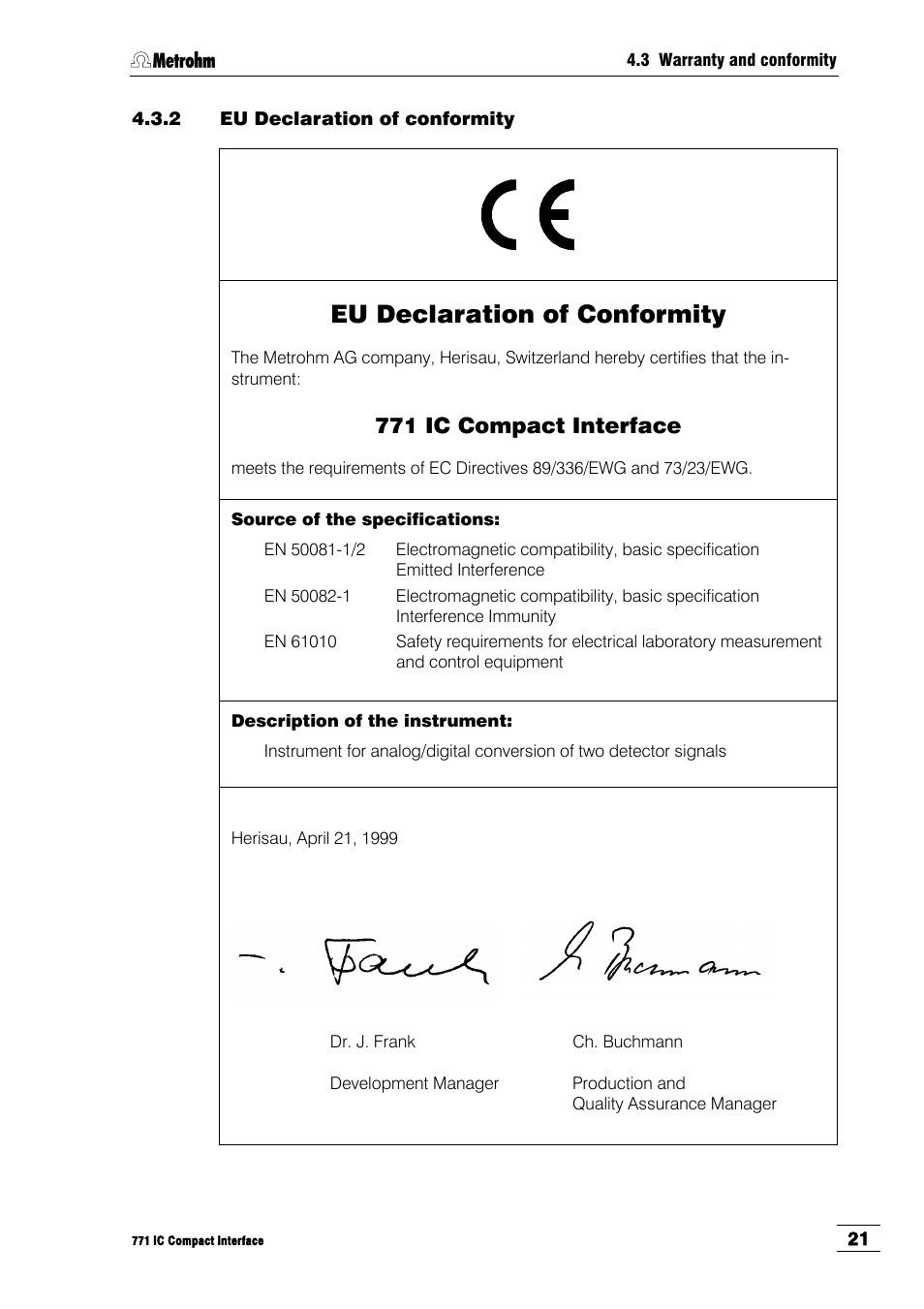 2 eu declaration of conformity, Eu declaration of conformity, 771 ic compact interface | Metrohm 771 IC Compact Interface User Manual | Page 27 / 30