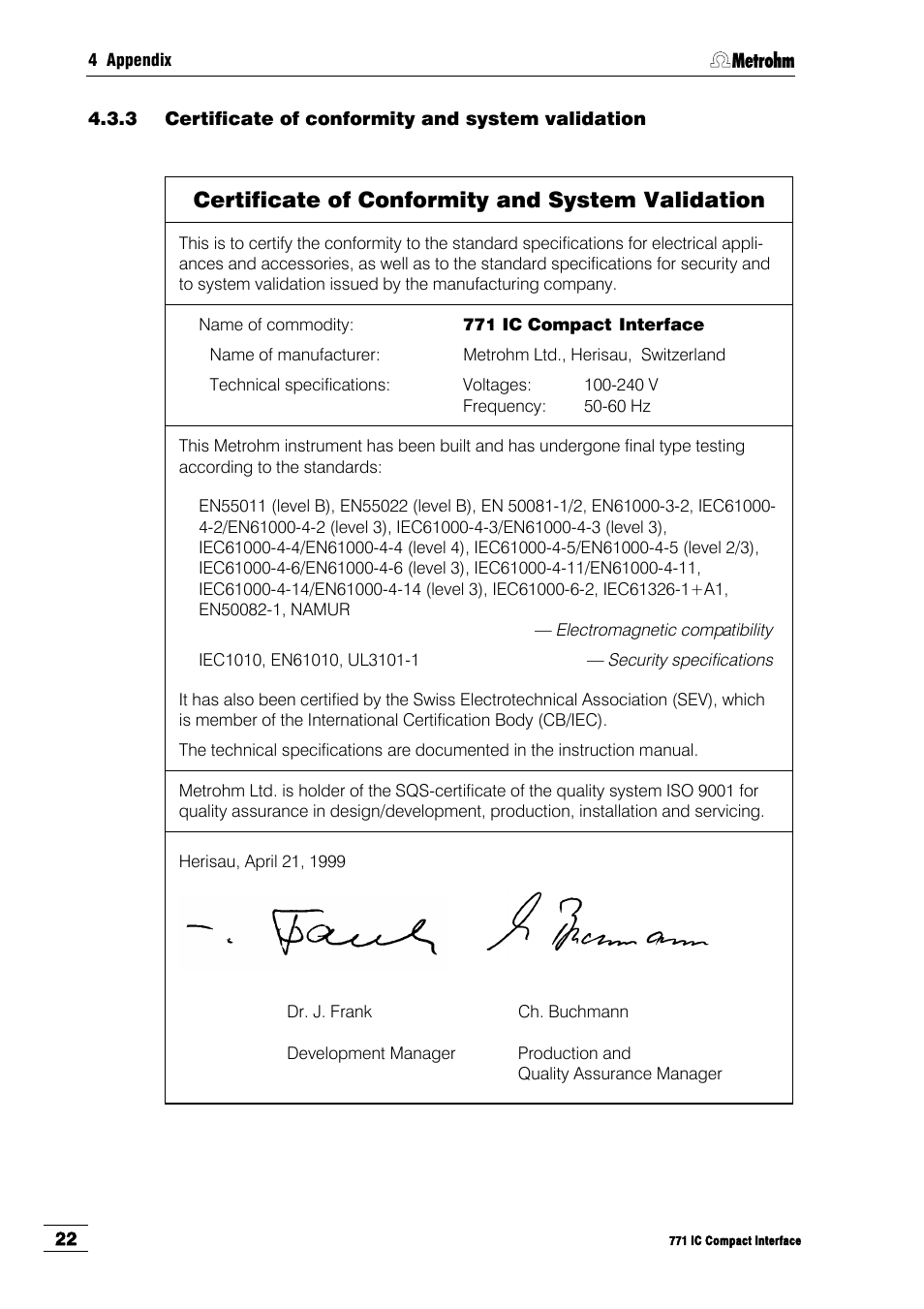 3 certificate of conformity and system validation, Certificate of conformity and system validation | Metrohm 771 IC Compact Interface User Manual | Page 28 / 30