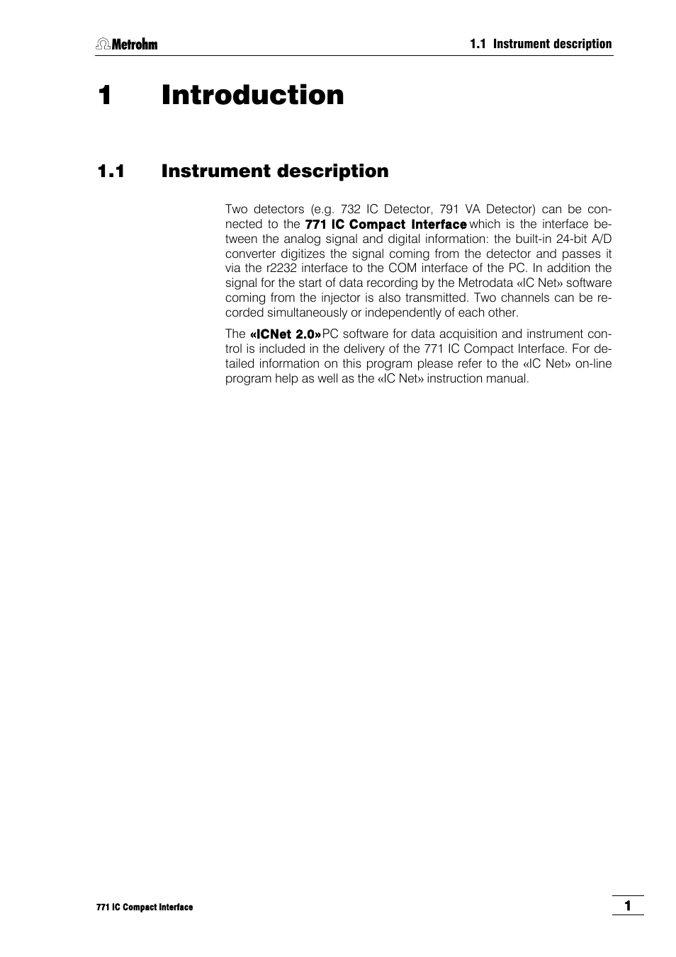 1 introduction, 1 instrument description | Metrohm 771 IC Compact Interface User Manual | Page 7 / 30