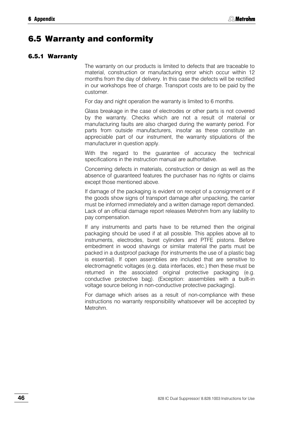 Warranty and conformity, Warranty, 5 warranty and conformity | Metrohm 828 IC Dual Suppressor User Manual | Page 54 / 58