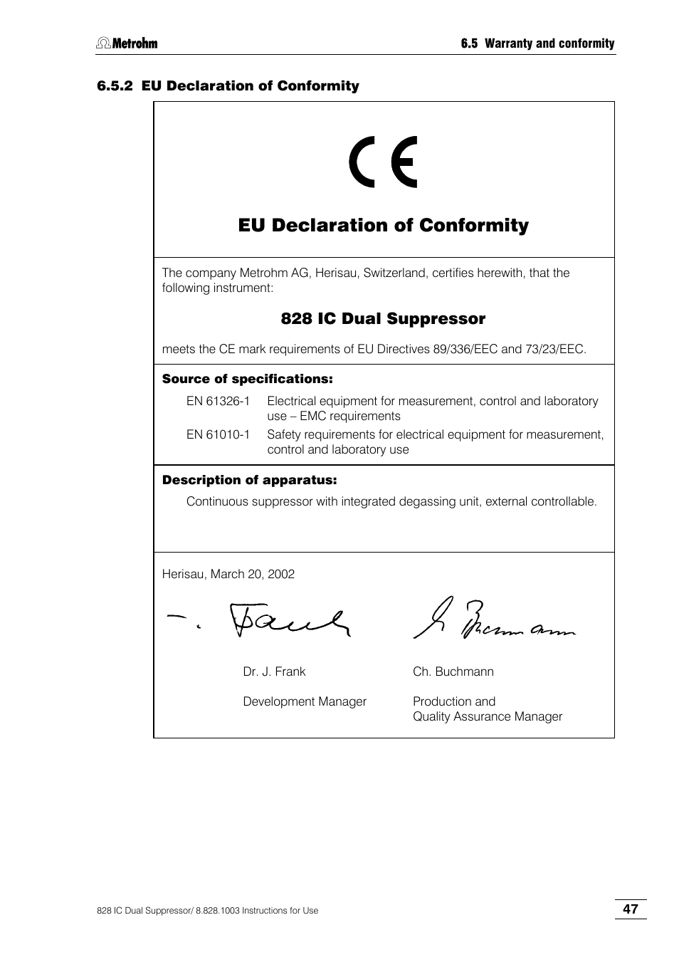 Eu declaration of conformity, 828 ic dual suppressor | Metrohm 828 IC Dual Suppressor User Manual | Page 55 / 58