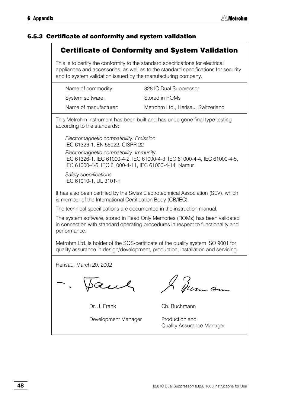 Certificate of conformity and system validation | Metrohm 828 IC Dual Suppressor User Manual | Page 56 / 58