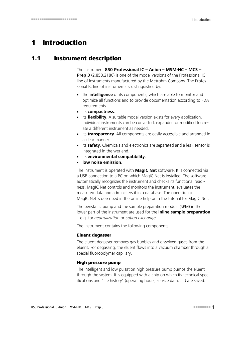 1 introduction, 1 instrument description, Instrument description | Metrohm 850 Professional IC MSM-HC MCS Prep 3 User Manual | Page 11 / 158