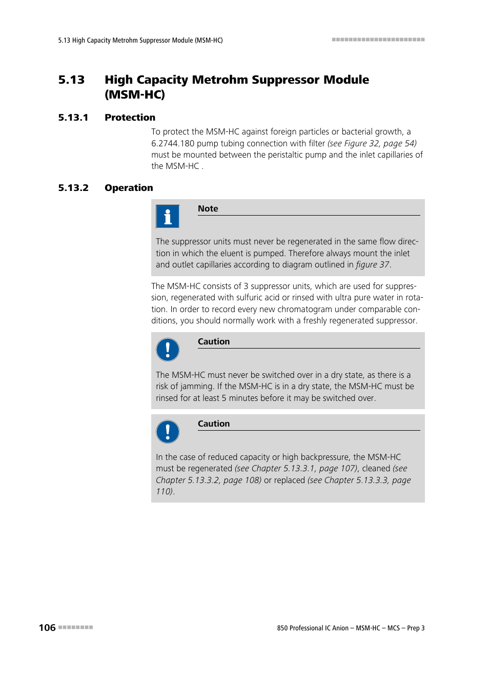 1 protection, 2 operation, 13 high capacity metrohm suppressor module | Msm-hc), Protection, Operation | Metrohm 850 Professional IC MSM-HC MCS Prep 3 User Manual | Page 116 / 158