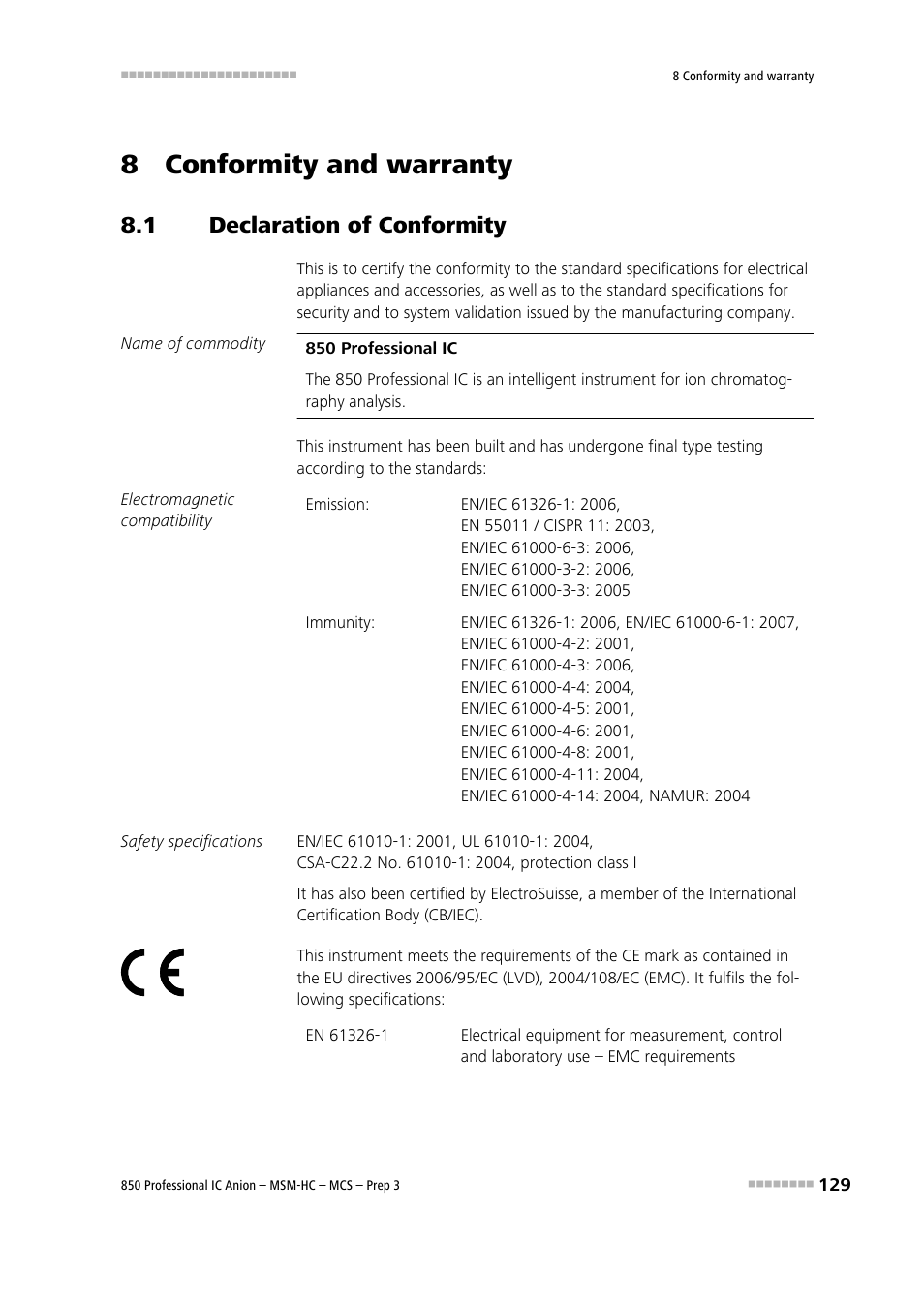 8 conformity and warranty, 1 declaration of conformity, Declaration of conformity | Metrohm 850 Professional IC MSM-HC MCS Prep 3 User Manual | Page 139 / 158