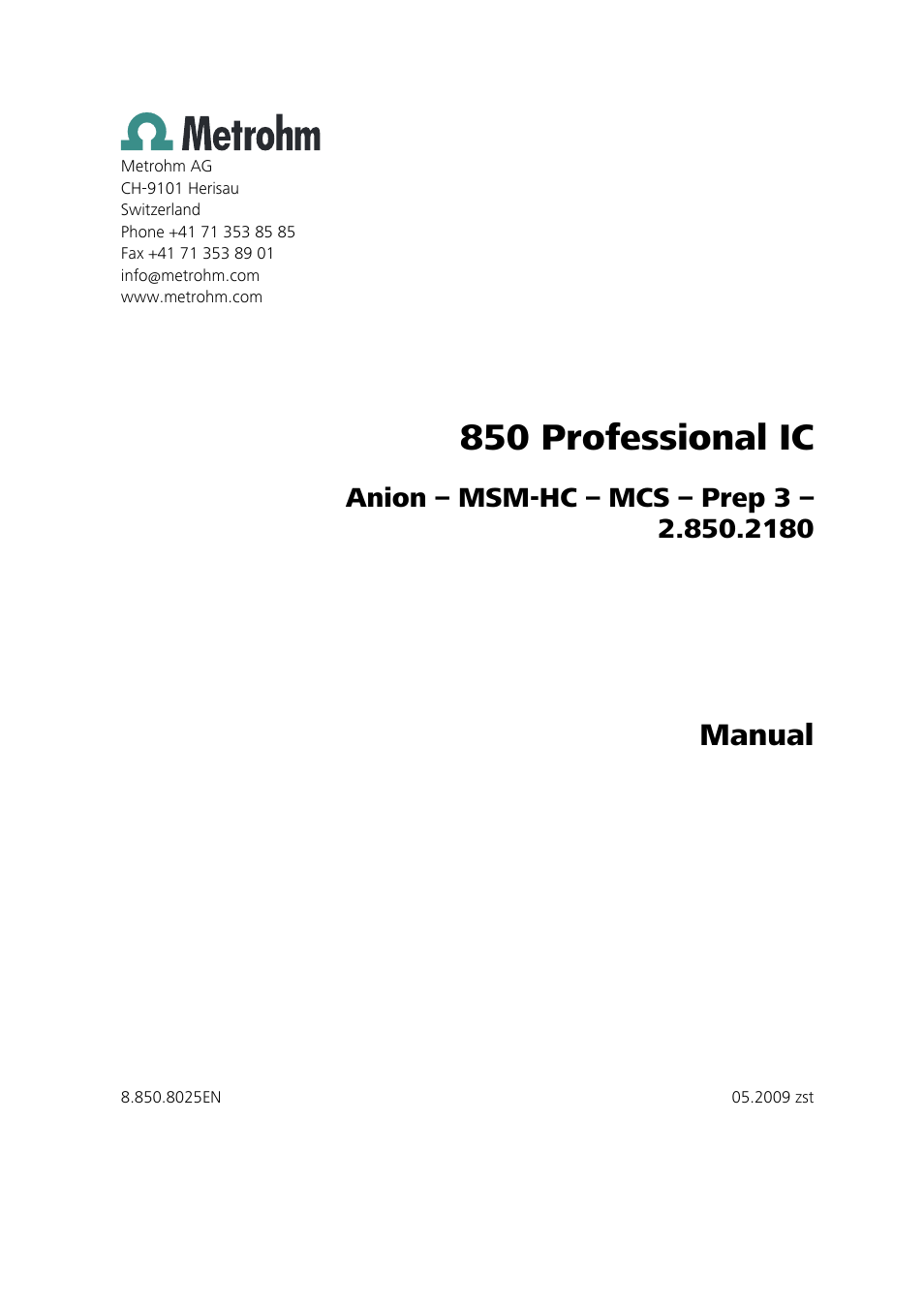 850 professional ic, Manual | Metrohm 850 Professional IC MSM-HC MCS Prep 3 User Manual | Page 3 / 158