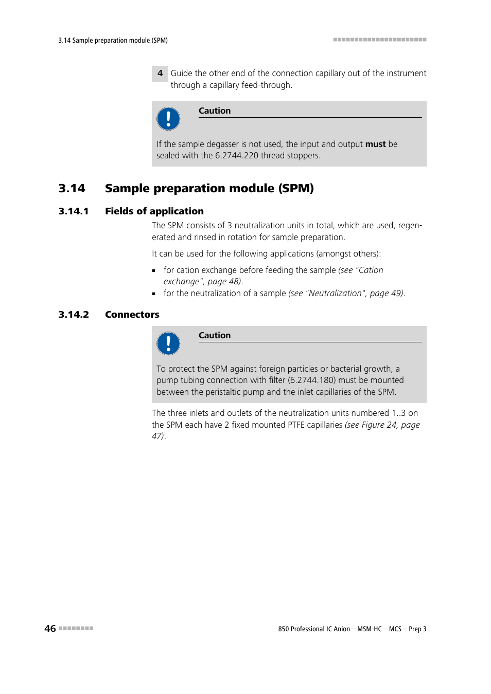 14 sample preparation module (spm), 1 fields of application, 2 connectors | Fields of application, Connectors, See chapter 3.14 | Metrohm 850 Professional IC MSM-HC MCS Prep 3 User Manual | Page 56 / 158