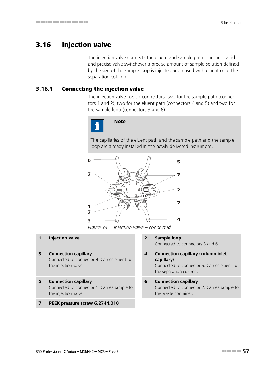 16 injection valve, 1 connecting the injection valve, Connecting the injection valve | Figure 34, Injection valve – connected, See chapter 3.16 | Metrohm 850 Professional IC MSM-HC MCS Prep 3 User Manual | Page 67 / 158