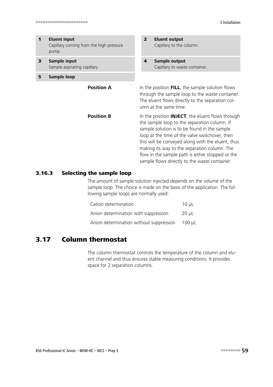 3 selecting the sample loop, 17 column thermostat, Selecting the sample loop | See chapter 3.17 | Metrohm 850 Professional IC MSM-HC MCS Prep 3 User Manual | Page 69 / 158