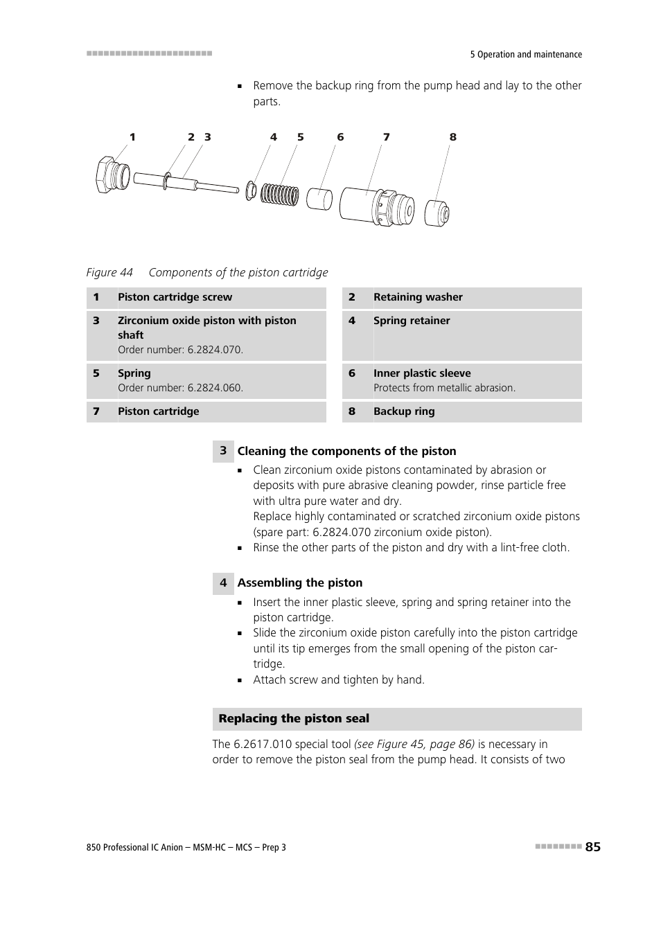 Figure 44, Components of the piston cartridge | Metrohm 850 Professional IC MSM-HC MCS Prep 3 User Manual | Page 95 / 158