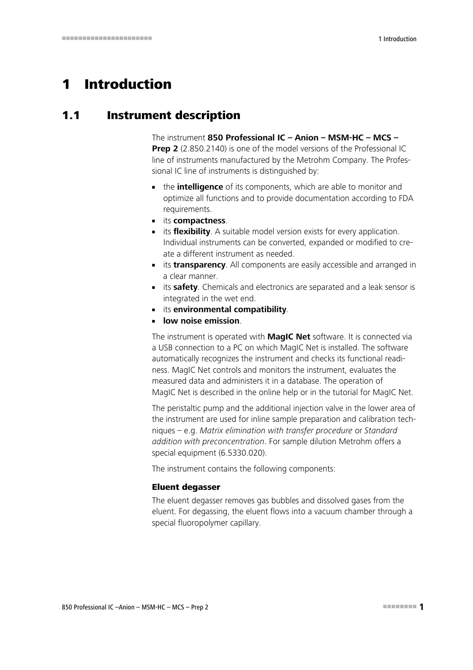 1 introduction, 1 instrument description, Instrument description | Metrohm 850 Professional IC Anion MSM-HC MCS Prep 2 User Manual | Page 11 / 150