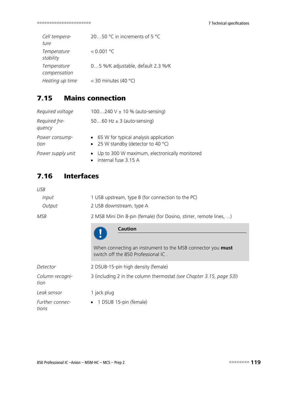15 mains connection, 16 interfaces | Metrohm 850 Professional IC Anion MSM-HC MCS Prep 2 User Manual | Page 129 / 150