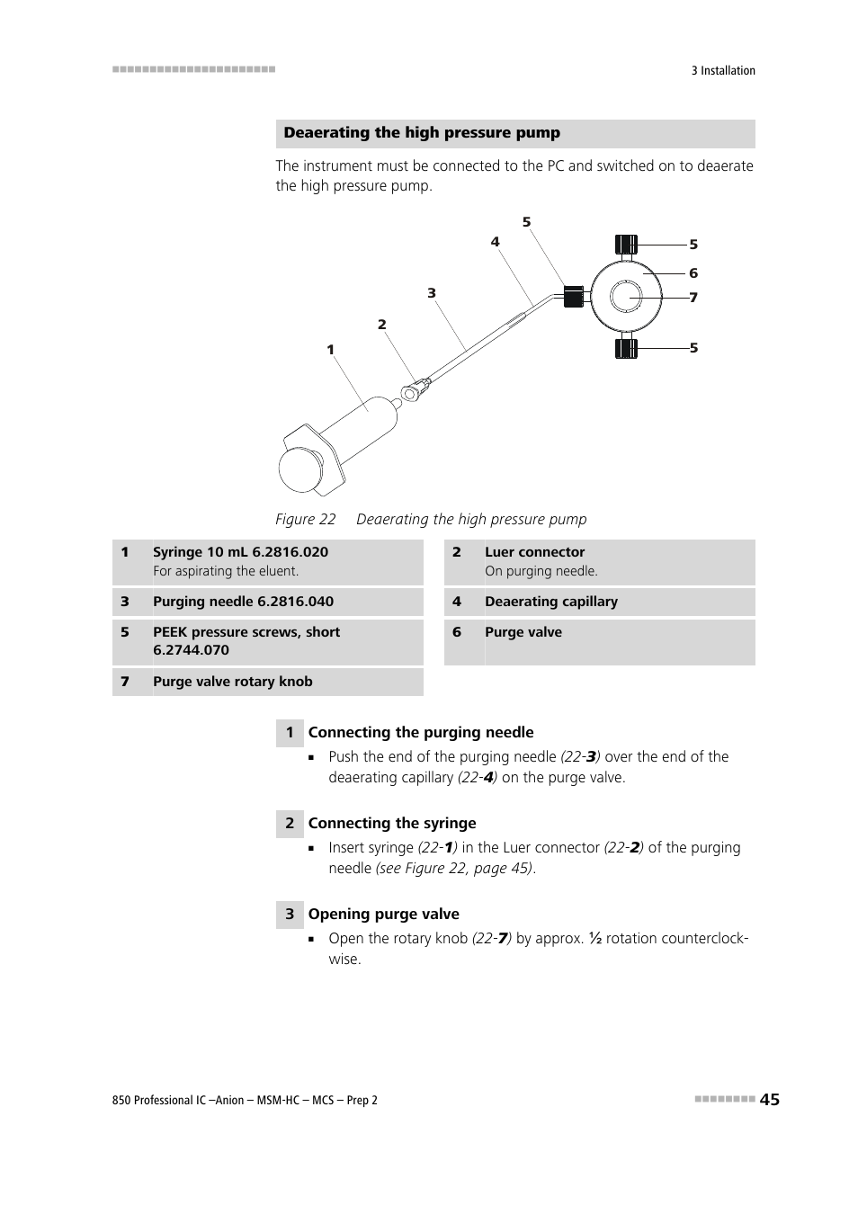 Figure 22, Deaerating the high pressure pump | Metrohm 850 Professional IC Anion MSM-HC MCS Prep 2 User Manual | Page 55 / 150
