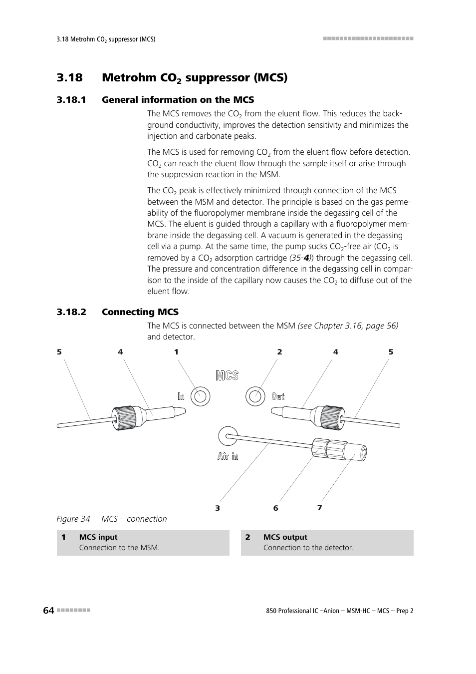 18 metrohm co2 suppressor (mcs), 1 general information on the mcs, 2 connecting mcs | 18 metrohm co, Suppressor (mcs), General information on the mcs, Connecting mcs, Figure 34, Mcs – connection, See chapter 3.18 | Metrohm 850 Professional IC Anion MSM-HC MCS Prep 2 User Manual | Page 74 / 150