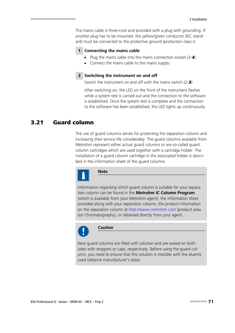 21 guard column | Metrohm 850 Professional IC Anion MSM-HC MCS Prep 2 User Manual | Page 81 / 150