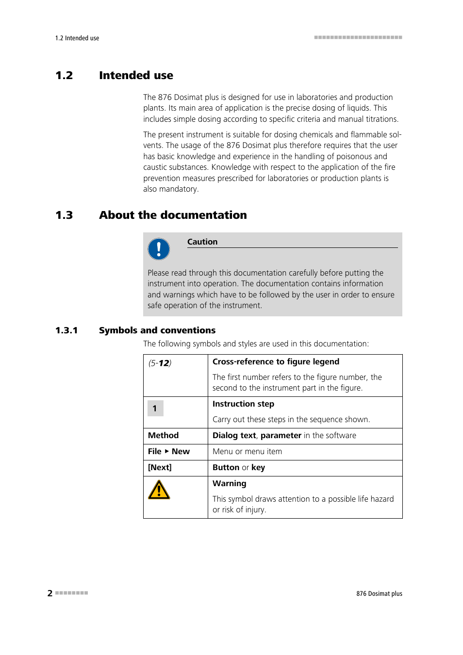 2 intended use, 3 about the documentation, 1 symbols and conventions | Intended use, About the documentation, Symbols and conventions | Metrohm 876 Dosimat plus User Manual | Page 10 / 88