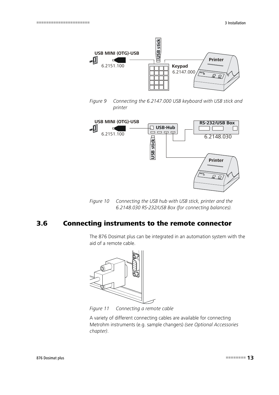 6 connecting instruments to the remote connector, Connecting instruments to the remote connector, Figure 9 | Figure 10, Figure 11, Connecting a remote cable | Metrohm 876 Dosimat plus User Manual | Page 21 / 88