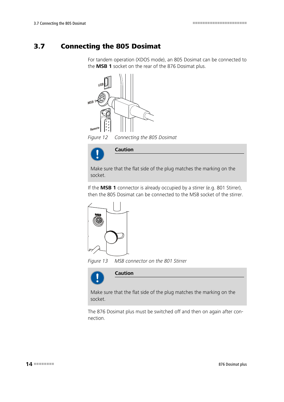 7 connecting the 805 dosimat, Connecting the 805 dosimat, Figure 12 | Figure 13, Msb connector on the 801 stirrer | Metrohm 876 Dosimat plus User Manual | Page 22 / 88