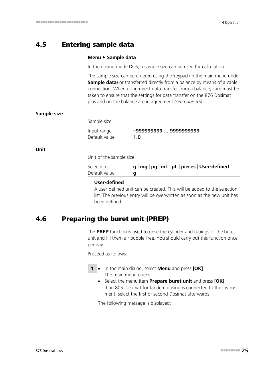 5 entering sample data, 6 preparing the buret unit (prep), Entering sample data | Preparing the buret unit (prep) | Metrohm 876 Dosimat plus User Manual | Page 33 / 88