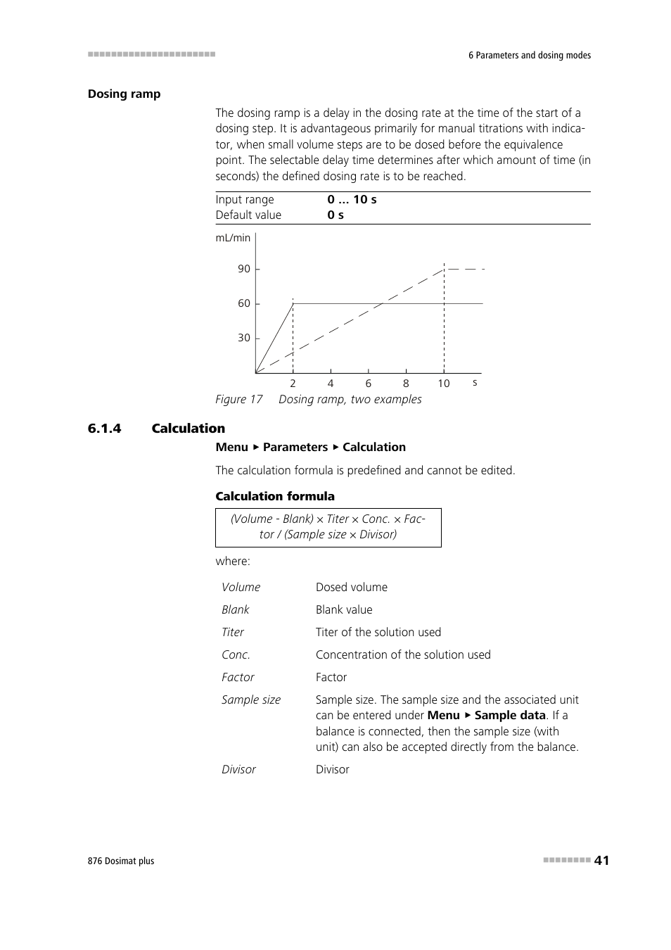 4 calculation, Calculation, Figure 17 | Dosing ramp, two examples | Metrohm 876 Dosimat plus User Manual | Page 49 / 88