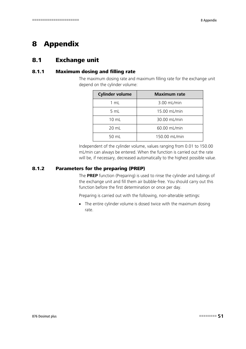 8 appendix, 1 exchange unit, 1 maximum dosing and filling rate | 2 parameters for the preparing (prep), Exchange unit, Maximum dosing and filling rate, Parameters for the preparing (prep) | Metrohm 876 Dosimat plus User Manual | Page 59 / 88