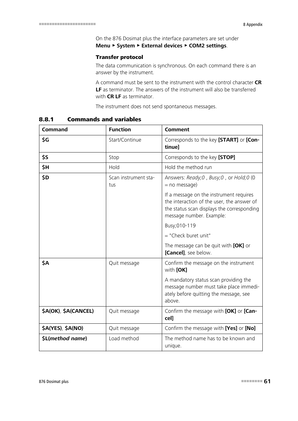 1 commands and variables, Commands and variables | Metrohm 876 Dosimat plus User Manual | Page 69 / 88