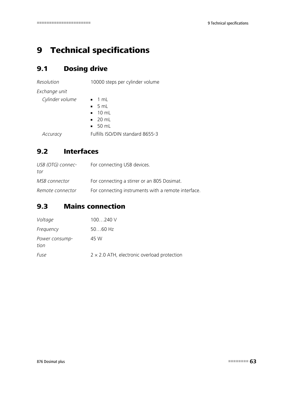 9 technical specifications, 1 dosing drive, 2 interfaces | 3 mains connection, Dosing drive, Interfaces, Mains connection | Metrohm 876 Dosimat plus User Manual | Page 71 / 88