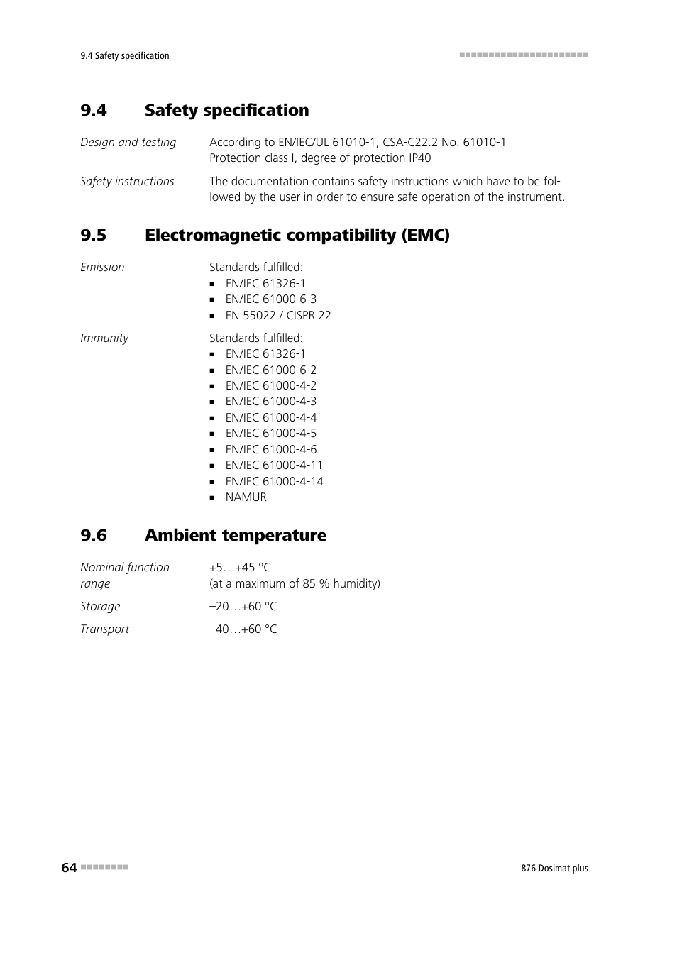4 safety specification, 5 electromagnetic compatibility (emc), 6 ambient temperature | Safety specification, Electromagnetic compatibility (emc), Ambient temperature | Metrohm 876 Dosimat plus User Manual | Page 72 / 88
