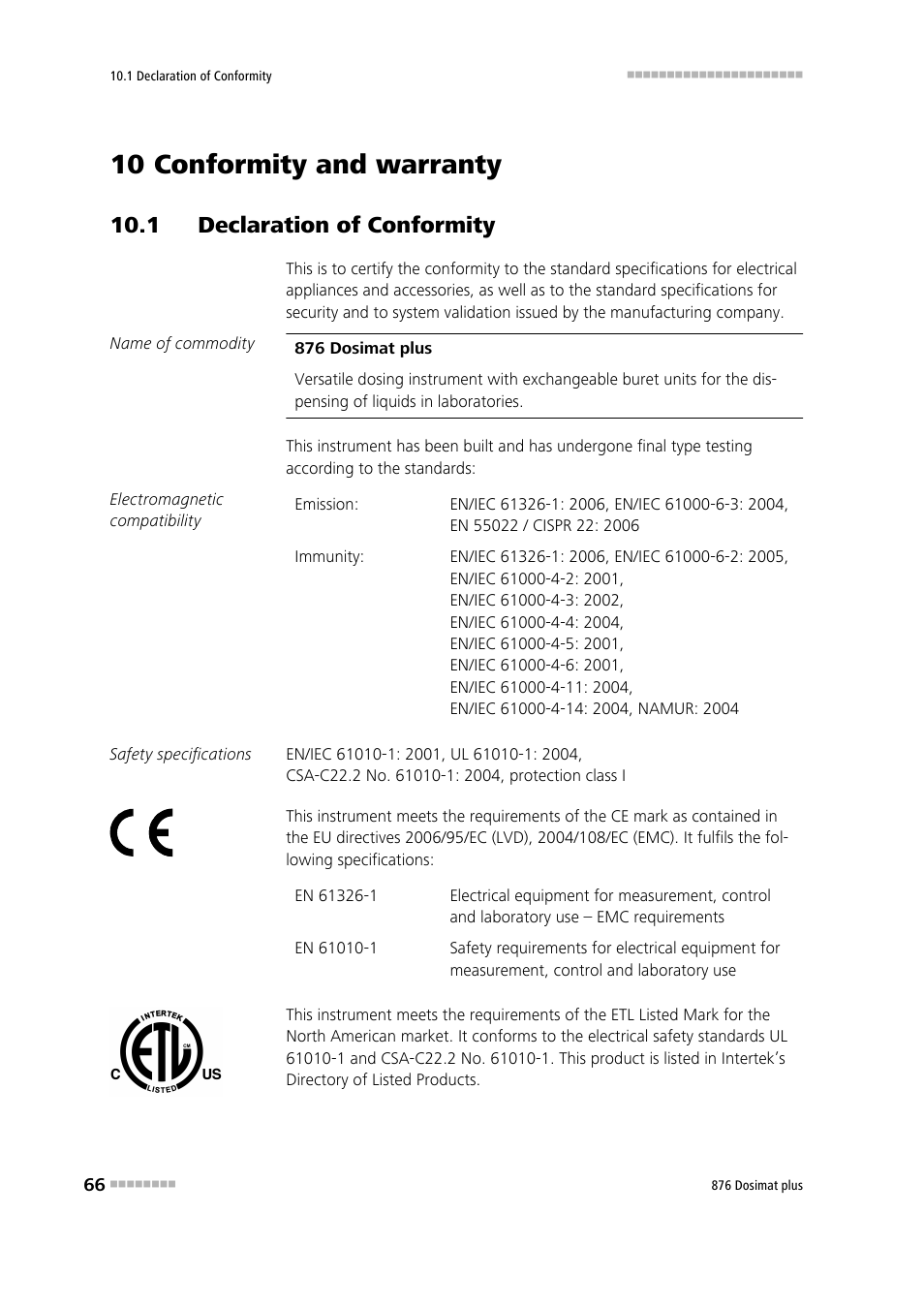 10 conformity and warranty, 1 declaration of conformity | Metrohm 876 Dosimat plus User Manual | Page 74 / 88