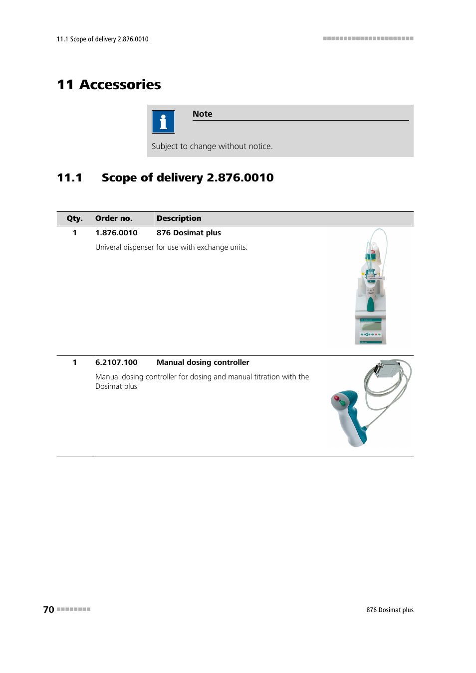 11 accessories, 1 scope of delivery 2.876.0010 | Metrohm 876 Dosimat plus User Manual | Page 78 / 88