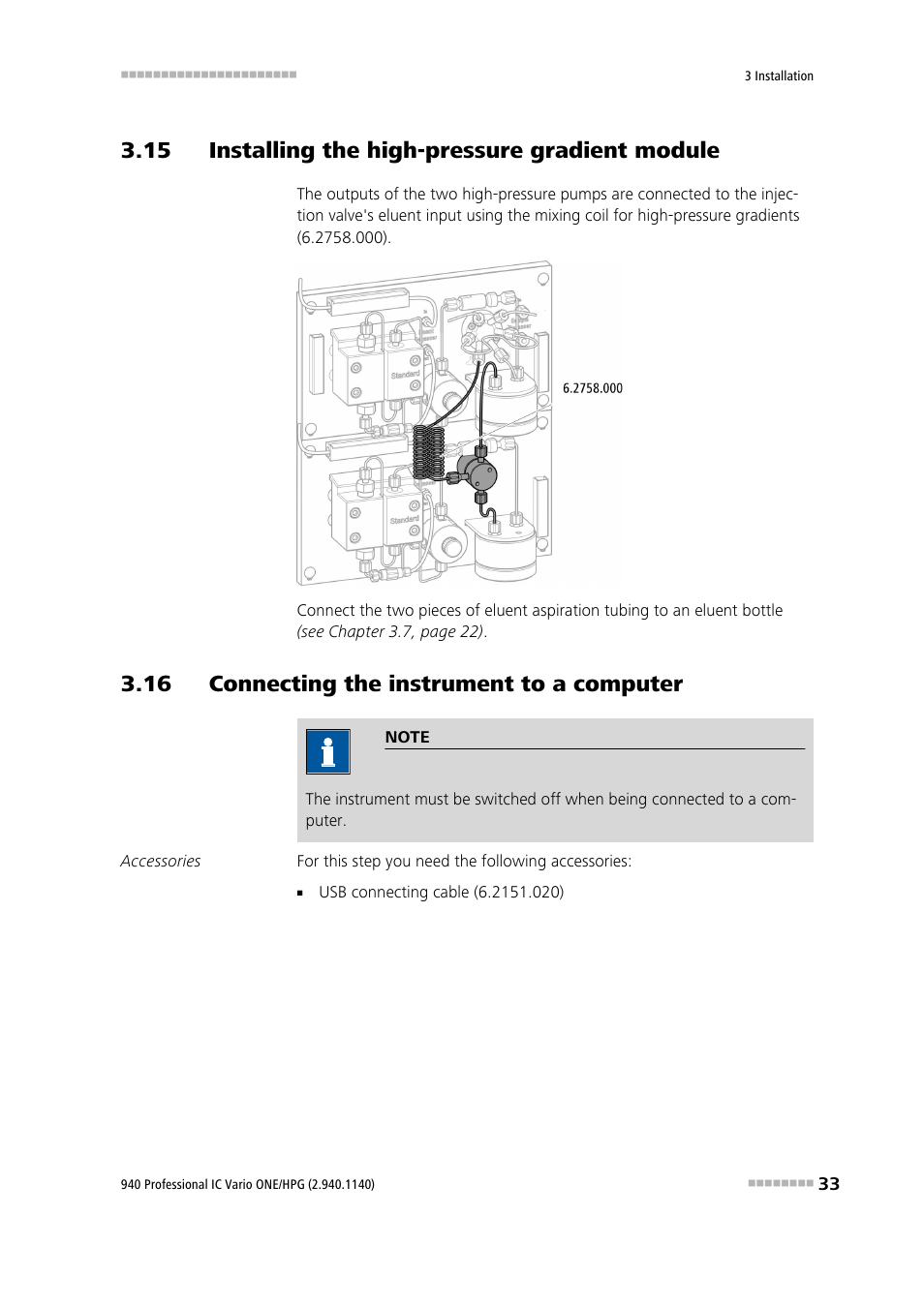 15 installing the high-pressure gradient module, 16 connecting the instrument to a computer | Metrohm 940 Professional IC Vario ONE/HPG User Manual | Page 41 / 95
