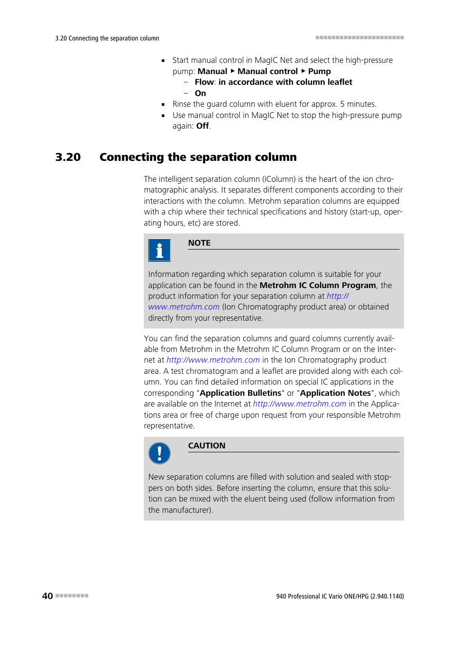 20 connecting the separation column | Metrohm 940 Professional IC Vario ONE/HPG User Manual | Page 48 / 95