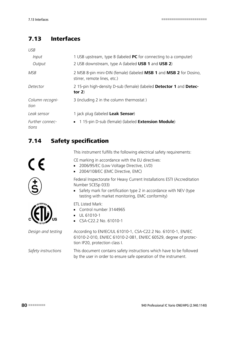 13 interfaces, 14 safety specification | Metrohm 940 Professional IC Vario ONE/HPG User Manual | Page 88 / 95