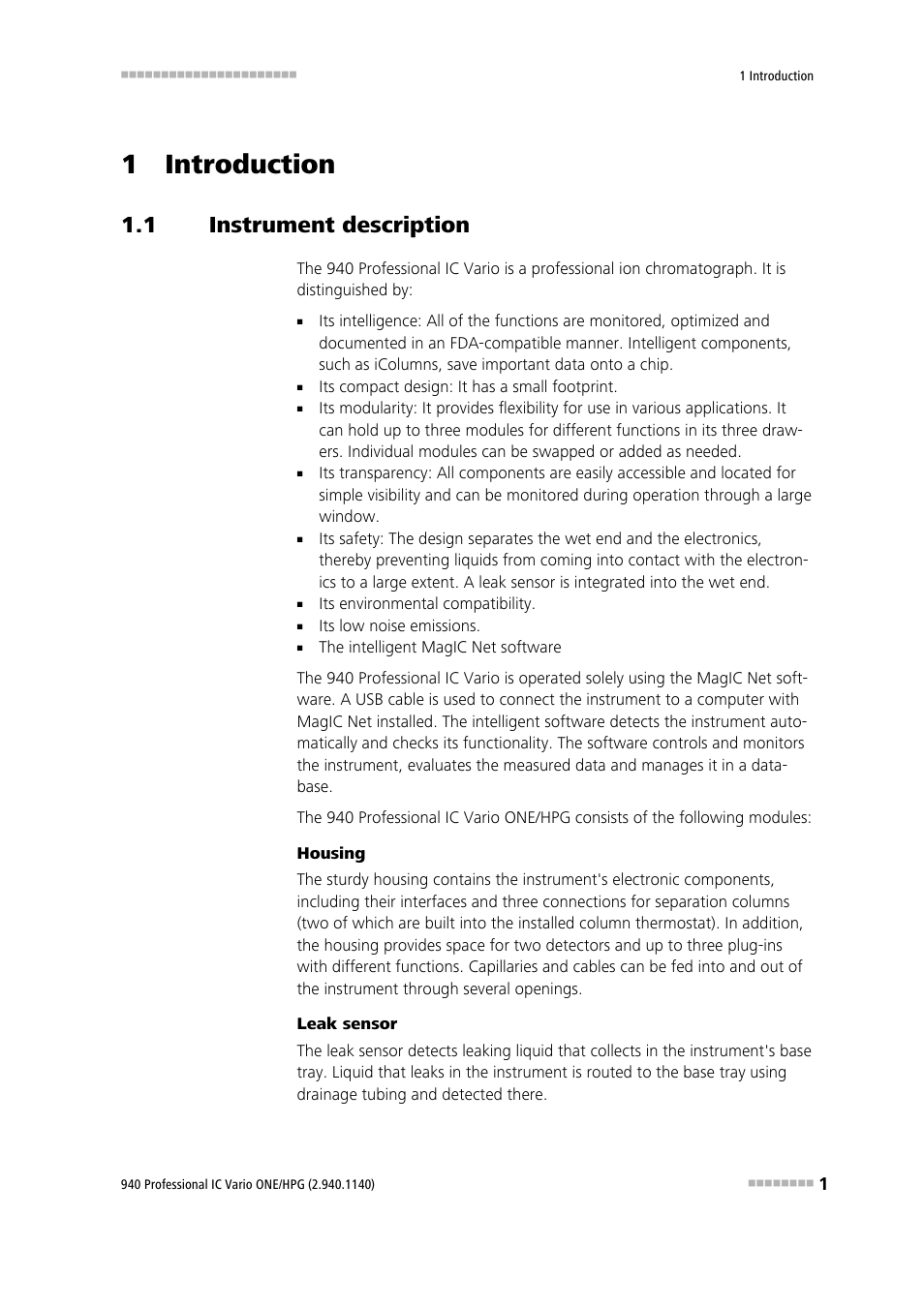 1 introduction, 1 instrument description, Instrument description | Metrohm 940 Professional IC Vario ONE/HPG User Manual | Page 9 / 95
