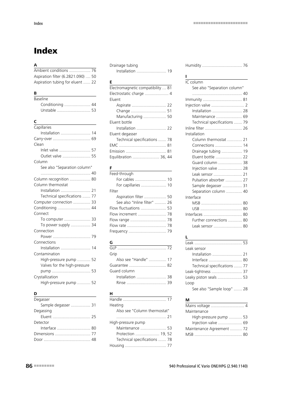Index | Metrohm 940 Professional IC Vario ONE/HPG User Manual | Page 94 / 95